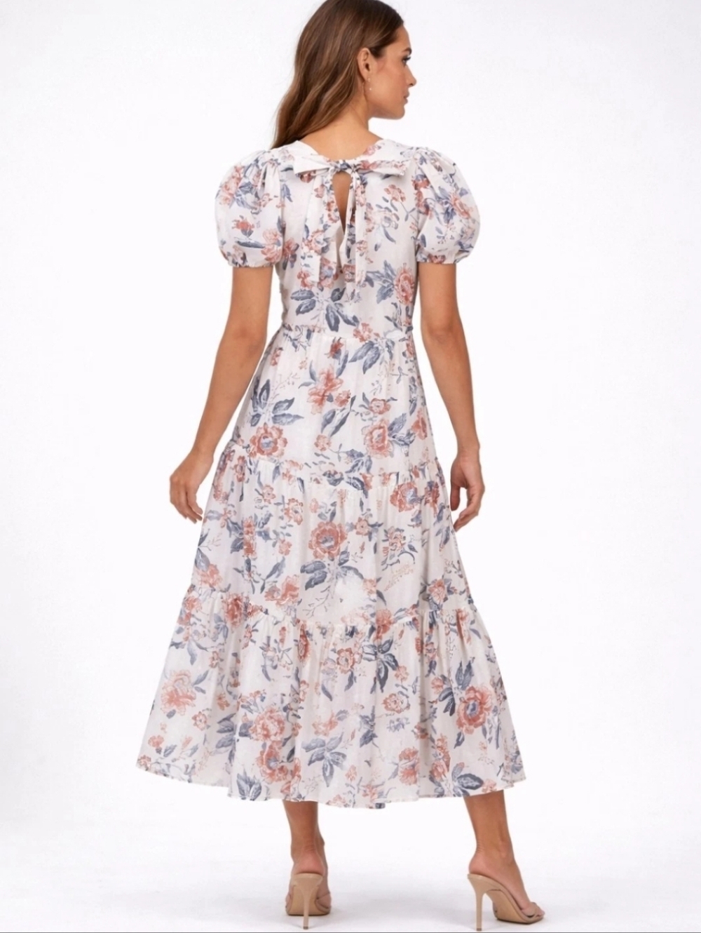 Lucky Brand Floral Tiered Midi Dress Puff Sleeve Cotton Blend Womens Size Small - Picture 2 of 14